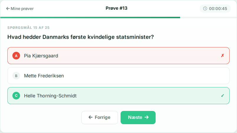 Et forkert svar er rødt, og det rigtige svar er grønt.