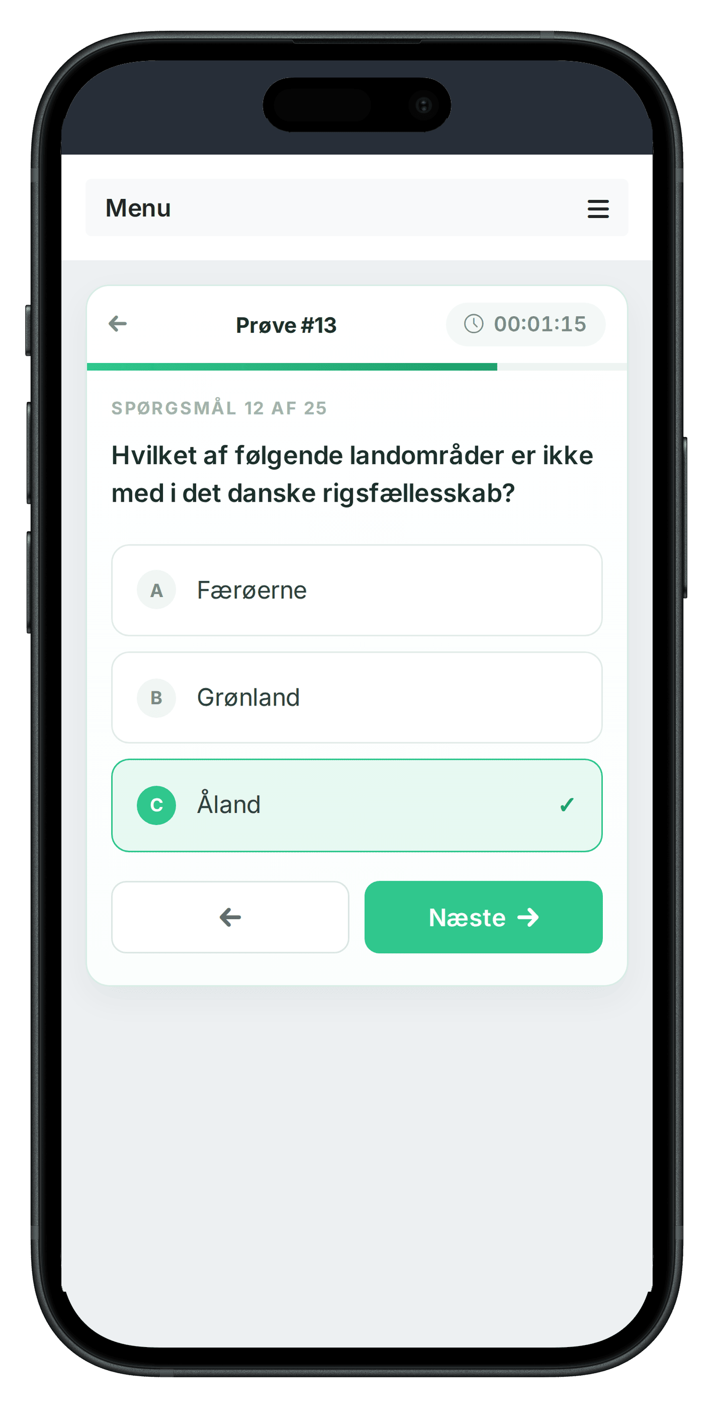 Medborgerskabsprøven på telefonen: spørgsmål 13 af 25, med det rigtige svar markeret