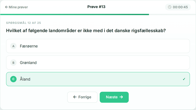 Et spørgsmål fra en tidligere prøve. Det rigtige svar er grønt.