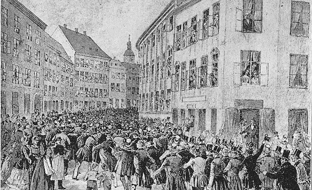 Demonstration i København i 1848 for en demokratisk forfatning.
